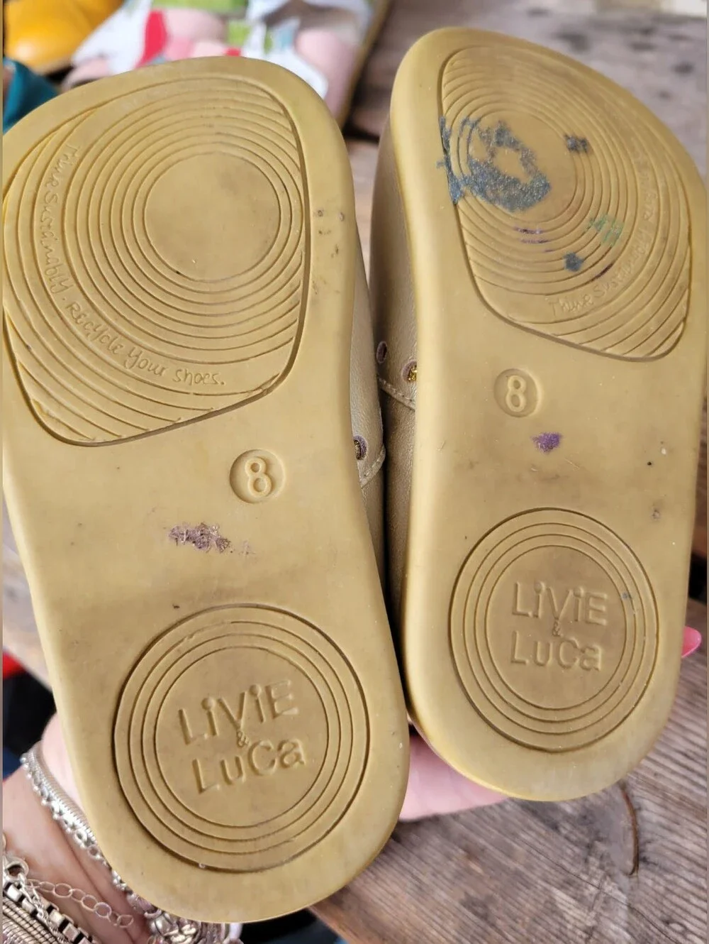 LIVIE & LUCA SZ 8C VGUC  shimmery GOLD leather w/ PURPLE 🌼 FLOWER velcro Shoes